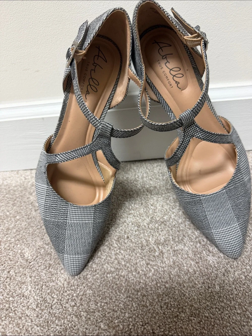 Abella Gray Plaid Pointed T-Strap Heels